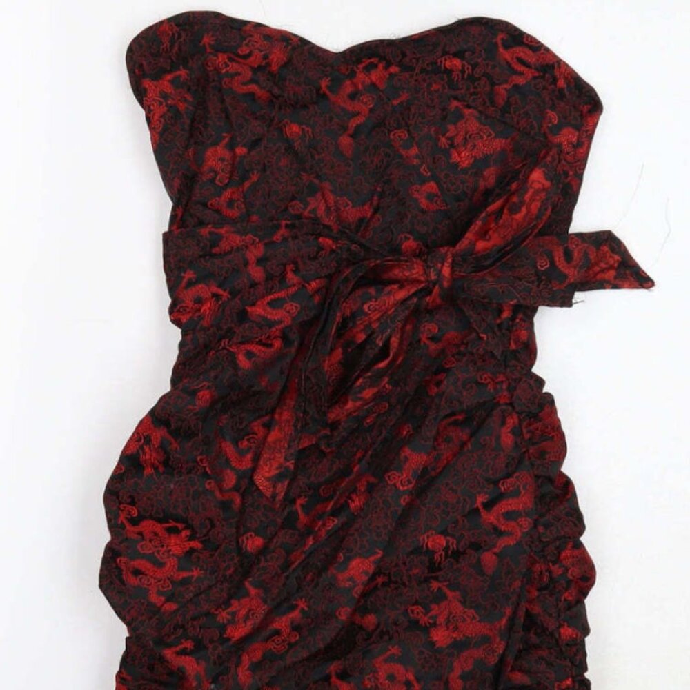 Red oriental jaquard ruched bodycon